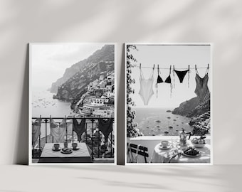 Amalfi Coast Wall Art Set, Positano Black and White Photography, Italian Summer Print, Mediterranean Coastal Decor, Italy Poster