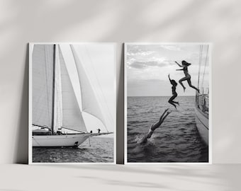 Black and White Sailing Wall Art Set, Yacht Photography, Summer Ocean Print, Coastal Beach Decor, Mediterranean Nautical Poster
