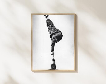 Vintage Acrobat Wall Art, Black and White Photography, Circus Balance Print, Retro Performance Poster, Minimalist Photo Decor