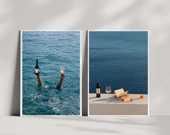 Mediterranean Summer Wall Art Set, Wine by the Sea Print,Coastal Summer Wall Art, Wine in the Sea Print, Mediterranean Beach Poster