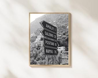 Amalfi Coast Road Sign Wall Art, Italy Travel Print, Black and White Mediterranean Decor, Printable Digital Download