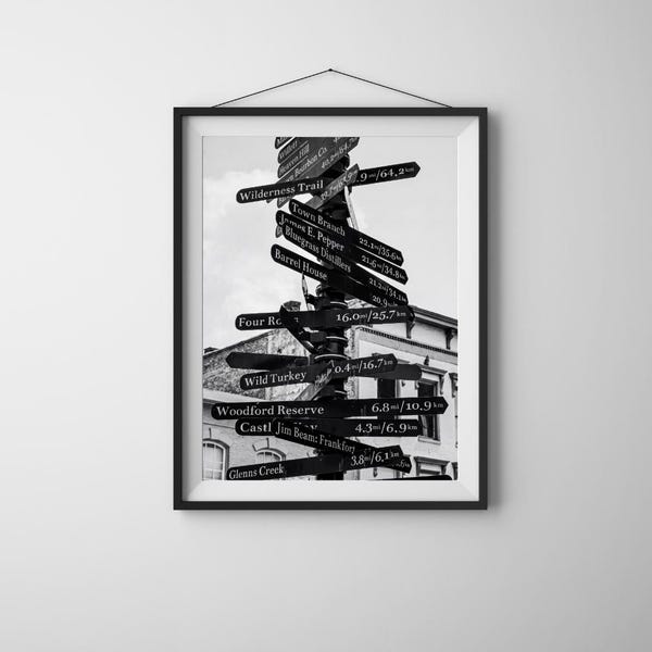 Bourbon Trail Wall Art, Black and White Signpost Photography, Kentucky Whiskey Decor, Vintage Bar Printable, Man Cave Poster