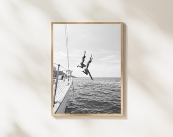 Black and White Summer Wall Art, Girls Jumping From Yacht, Coastal Photography, Mediterranean Poster, Beach House Decor