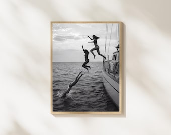 Yacht Summer Wall Art, Girls Diving Into Sea, Black and White Coastal Photography, Mediterranean Vacation Print, Beach Decor