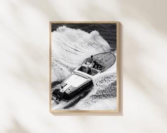 Black and White Speedboat Wall Art, Luxury Boat Photography, Coastal Ocean Print, Nautical Decor, Summer Digital Download