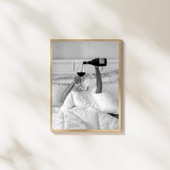 Wine in Bed Wall Art Print, Luxury Lifestyle Photography, Minimalist Black and White Bedroom Decor, Digital Download