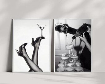 Black and White Cocktail Wall Art Set, Martini Fashion Print, Champagne Party Photography, Glamorous Bar Decor, Girls Night Art