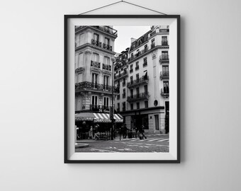 Paris Street Wall Art, Black and White Paris Photography, French Cafe Print, Vintage European City Poster, Parisian Decor