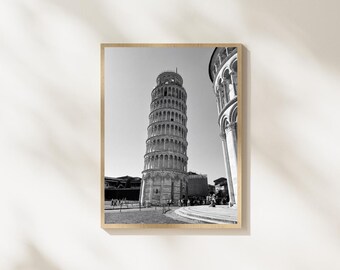 Leaning Tower of Pisa Wall Art, Italy Travel Print, Black and White Photography, Tuscany Decor, Italian Architecture Digital Download