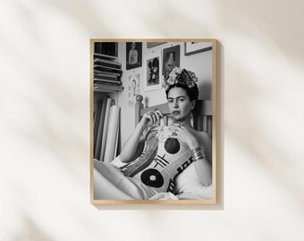 Frida Kahlo Wall Art Print, Black and White Portrait Photography, Mexican Art Decor, Boho Gallery Wall Artwork