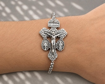 Bracciale con crocifisso del perdono, croce cattolica in argento, gioiello regolabile in acciaio inossidabile