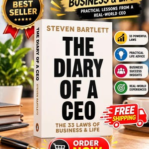 May include: A white book titled The Diary of a CEO by Steven Bartlett with black text. The cover features the subtitle The 33 Laws of Business & Life. It includes a gold Best Seller badge, a Free Shipping truck icon, and an Order Now button.