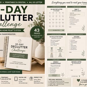 Peut inclure: Un planificateur de défi de désencombrement de 30 jours avec une couverture à spirales portant le texte 30-Day Declutter Challenge The No-Overwhelm Home Reset System. L'ensemble comprend 43 pages de listes de contrôle et de suivi de progrès.