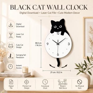 May include: A black cat wall clock with a white circular face, black hands, and a swinging tail pendulum. The clock features the numbers 3, 6, 9, and 12. It measures 14.3 inches in height and 8.2 inches in width, as indicated by the text.