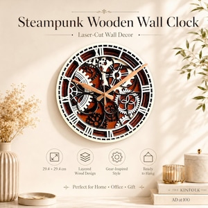 May include: A circular wall clock featuring a layered wood design with intricate laser-cut gears and Roman numerals. The clock face displays a brown and white color scheme with light-colored hands. Text on the image reads Steampunk Wooden Wall Clock.