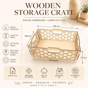 May include: A wooden storage crate digital download laser cut file. The crate features a geometric lattice pattern, integrated handles, and dimensions of 290 mm by 180 mm by 107 mm. The design is for a DIY puzzle model organizer.