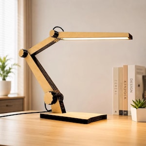 Adjustable Wooden Desk Lamp Laser Cut SVG File, Modern Office Task Light Vector, Articulated Table LED Lamp Template, Easy DIY Glowforge