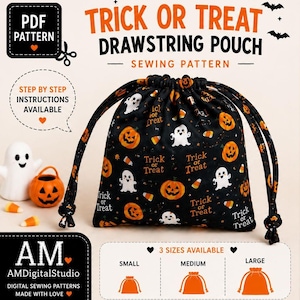 May include: A black drawstring pouch featuring a Halloween-themed print with orange pumpkins, white ghosts, and candy corn. The text reads Trick or Treat Drawstring Pouch Sewing Pattern. The design includes three size options: small, medium, and large.