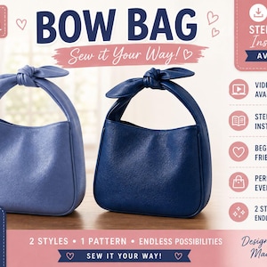 Könnte beinhalten: Zwei Knotentaschen, eine in Hellblau und eine in Dunkelblau, mit einem geknoteten Griff. Das Bild enthält den Text: BOW BAG, Sew it Your Way!, STEP BY STEP INSTRUCTIONS AVAILABLE, VIDEO TUTORIAL AVAILABLE, BEGINNER FRIENDLY, 2 STYLES.