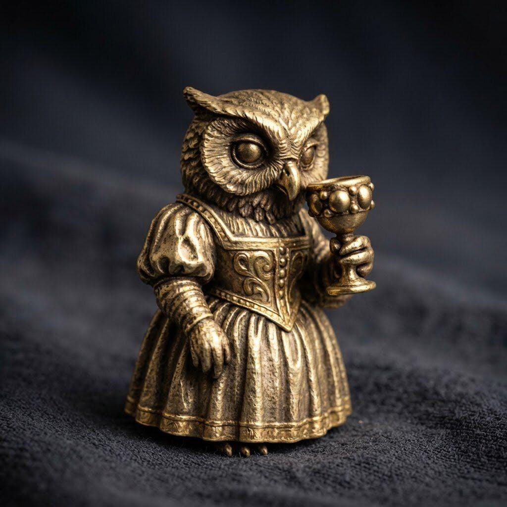 Handmade Copper Owl Figurine, Victorian Owl Lady with Goblet, Fantasy Bird Sculpture, Dark Academia 