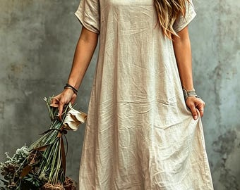 Abito boho, abito estivo casual, abito per le vacanze al mare, abito lungo e svolazzante, abito leggero con scollo a V, abito minimalista a tinta unita
