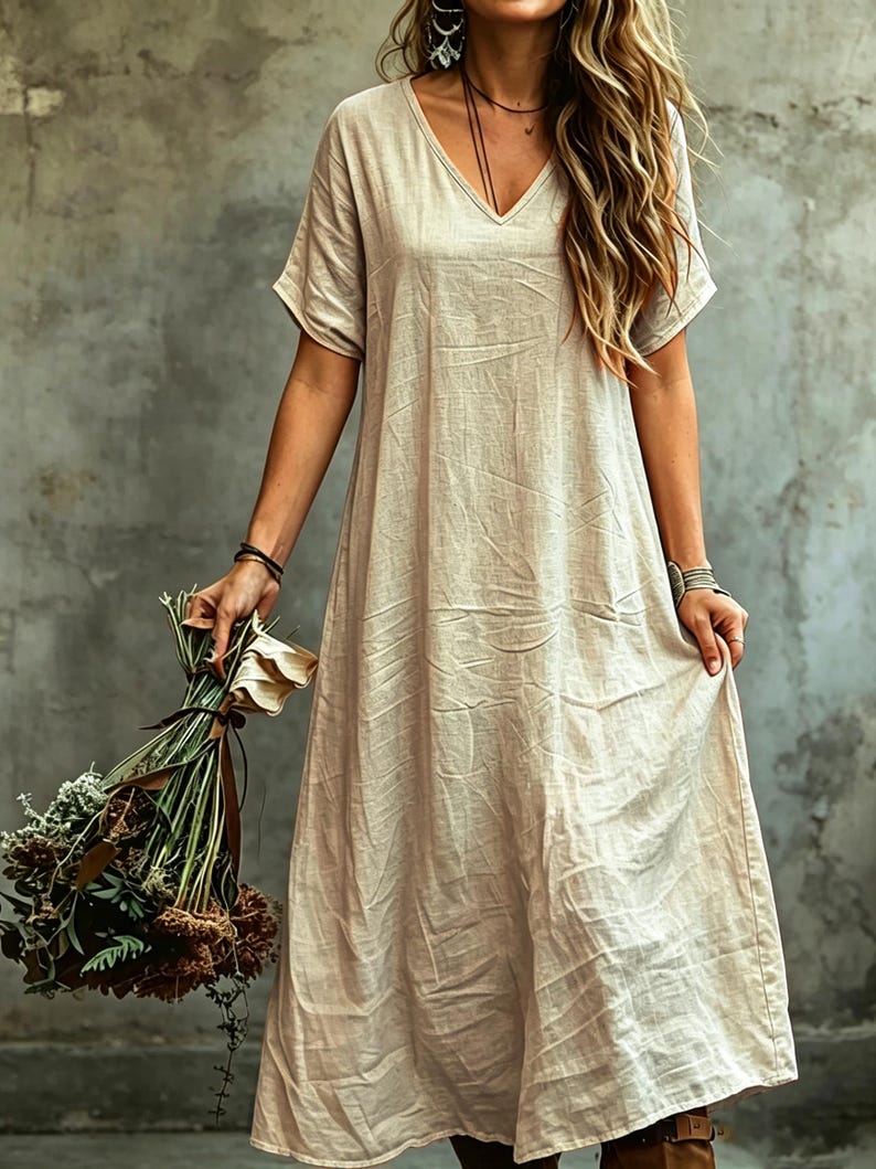 K&ouml;nnte beinhalten: Ein beiges, kurz&auml;rmeliges Maxikleid mit V-Ausschnitt aus strukturiertem Stoff. Das Kleid hat eine lockere, flie&szlig;ende Silhouette, die bis zu den Kn&ouml;cheln reicht. Das Kleidungsst&uuml;ck besticht durch ein schlichtes Design mit sichtbaren Falten im Stoff.