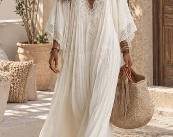 Robe bohème vintage, robe longue fluide, robe en dentelle à col V, robe d'automne décontractée et ample, robe de plage, robe d'inspiration ethnique