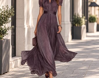 Vintage-style elegant lace dress, evening gown, long flowy chiffon dress, formal occasion dress, wedding guest dress, vacation dress