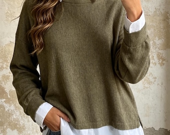 Haut en maille effet deux pièces pour femme, pull blanc à empiècements, coupe ample et décontractée, idéal pour l'automne, sous-vêtement minimaliste pour les trajets quotidiens.