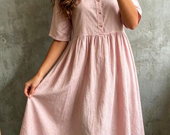 Robe bohème vintage en coton et lin, robe d'été à manches courtes, robe décontractée de vacances, robe minimaliste unie, robe ample trapèze
