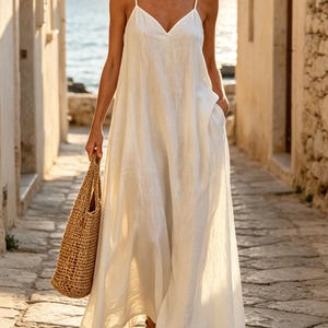 Pu&ograve; includere: Un abito lungo bianco senza maniche con spalline sottili, scollo a V e una silhouette ampia e fluida. L'abito presenta tasche laterali ed &egrave; abbinato a una borsa tote in paglia color marrone chiaro e sandali marroni.