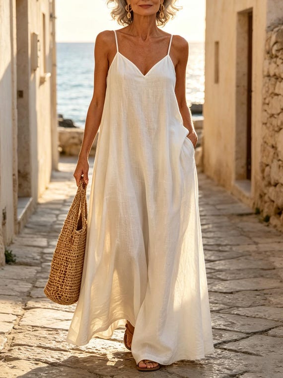 Bohemian sundress, beach vacation dress, summer sleeveless dress, long flowing dress, simple solid color dress, travel outfit