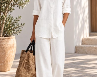 Bohemian women's set, long-sleeve shirt and wide-leg trousers, minimalist solid-color outfit, casual vacation set, travel attire