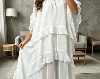 Abito boho in chiffon, abito lungo e svolazzante, abito per le vacanze al mare, abito estivo casual, abito con volant, elegante abito da sera, abito da viaggio