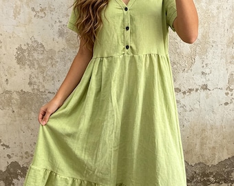 Robe bohème en coton et lin, robe à manches courtes et col en V, robe d'été décontractée, robe unie simple, robe de vacances à la plage