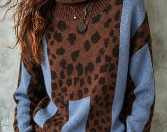 Pull à col roulé imprimé léopard pour femme, coupe droite et ample, pull chaud d'automne, pull décontracté à manches longues style vintage