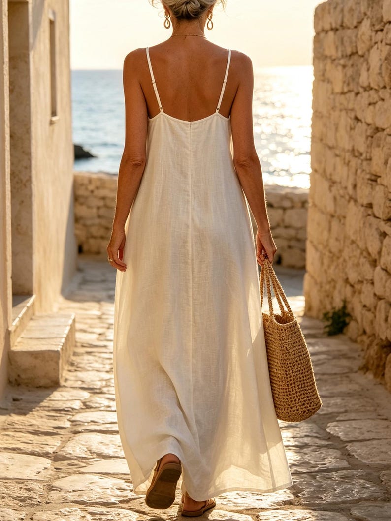 Pu&ograve; includere: Un abito lungo senza maniche color bianco sporco con spalline sottili e una silhouette semplice e fluida. L'abito presenta uno scollo dritto sulla schiena e una cucitura verticale al centro, abbinato a una borsa tote in paglia intrecciata.