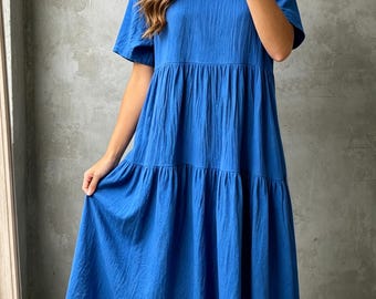 Robe bohème en coton, robe d'été à manches courtes, robe de vacances décontractée, robe unie simple, robe trapèze ample, robe maxi fluide