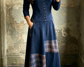 Robe élégante en faux daim, robe maxi vintage à carreaux, robe cintrée taille haute, robe d'automne à manches longues, robe décontractée pour tous les jours