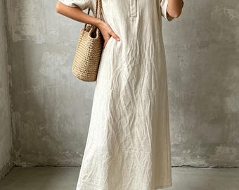 Robe bohème en coton, robe d'été à manches courtes et col en V, robe unie simple, robe longue, robe de plage, robe droite ample