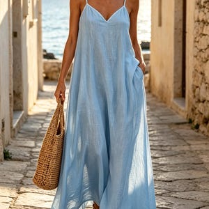 Pu&ograve; includere: Un abito lungo azzurro con scollo a V, spalline sottili e una silhouette ampia e fluida. L'abito presenta tasche laterali ed &egrave; abbinato a una borsa tote intrecciata color marrone chiaro. Il tessuto appare leggero e traspirante.