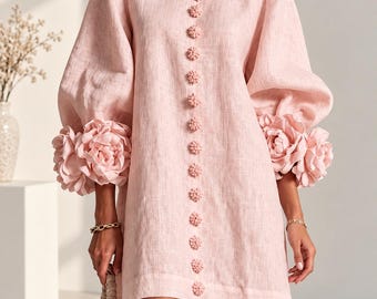 Robe fleurie 3D, robe ample à manches lanternes, robe bohème élégante, robe de vacances décontractée, robe d'invitée à un mariage, robe de plage