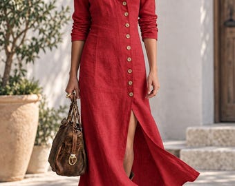 Sukienka boho, długa, zwiewna sukienka, sukienka z rozcięciem w serek, sukienka jesienna z długim rękawem, sukienka na co dzień na wakacje, minimalistyczna sukienka w jednolitym kolorze