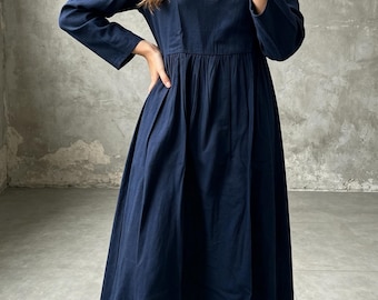 Robe bohème style vintage, robe longue fluide à col V, robe unie simple, robe d'automne à manches longues, robe décontractée ample