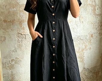 Robes bohèmes en coton et lin, robes chemises longues boutonnées, robes à col V, robes d'été à manches courtes, robes trapèze décontractées
