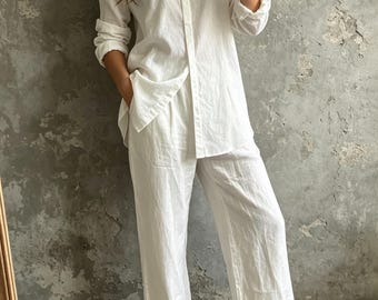 Ensemble bohème, chemise à manches longues et pantalon large, tenue de vacances à la mer, ensemble d'été décontracté, ensemble minimaliste uni.