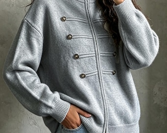 Gilet en maille pour femme, pull zippé à col montant, style vintage croisé, veste ample en maille à manches longues, haut décontracté.