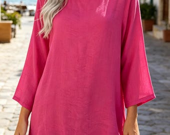 Camicia boho a maniche lunghe, top ampio, camicia minimalista a tinta unita, top estivo casual, camicia per vacanze al mare, copricostume per la protezione solare