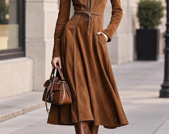 Elegancka sukienka w stylu vintage, długa sukienka zamszowa w stylu trenczu, dopasowana sukienka z wysokim kołnierzem, jesienna sukienka z długim rękawem, damska odzież uliczna do dojazdów do pracy