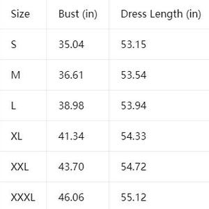 Pu&ograve; includere: Una tabella delle taglie per un abito con colonne etichettate come Size, Bust (in) e Dress Length (in). Le righe elencano le taglie S, M, L, XL, XXL e XXXL con le relative misure in pollici per il busto e la lunghezza dell'abito.